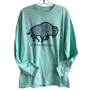 Yellowstone National Park Lt Blue Long Sleeve Graphic Tee Shirt Mens L/XL EUC